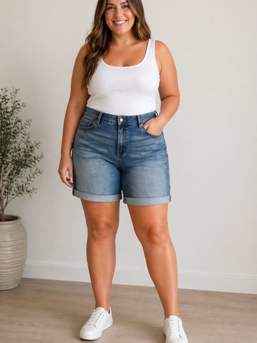 dip Mid-Rise Rolled Hem Blue Denim Shorts